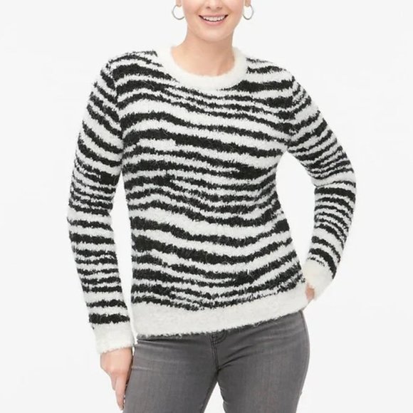 J. Crew Boucle Zebra Pullover Animal Ivory Black Crew Neck Sweater - Picture 2 of 12